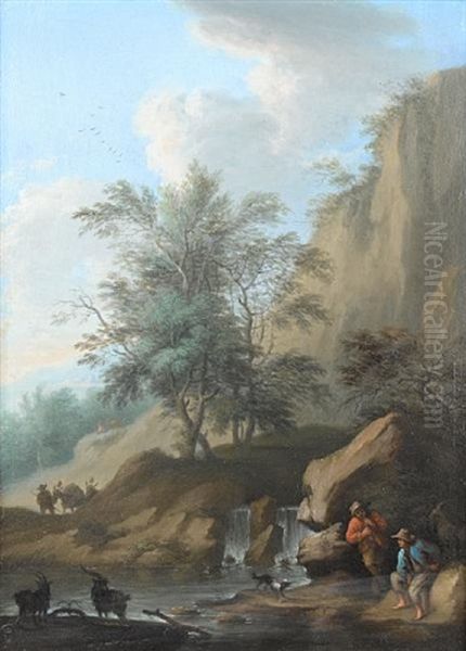 Goatherds And Their Flock Resting Before A Waterfall (+ Travellers Resting Beside A Country Path; Pair) - view 1