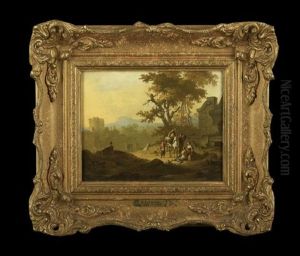 Travelers Conversing In An Italianate Landscape (+ Travelers With A White Horse Resting On A Bluff Near Ruins; Pair) by Franz de Paula Ferg