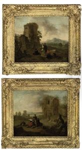 A Capriccio With Figures Resting By The Ruins Of A Classical Tower (+ A Capriccio With Figures Resting On A Bluff Near A Ruined Tower; Pair) by Franz de Paula Ferg