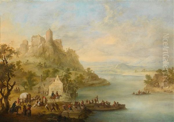 Eine Weite Flusslandschaft Mit Einem Fahrboot, Einer Hochgelegenen Burg Und Zahlreichen Personen - view 1