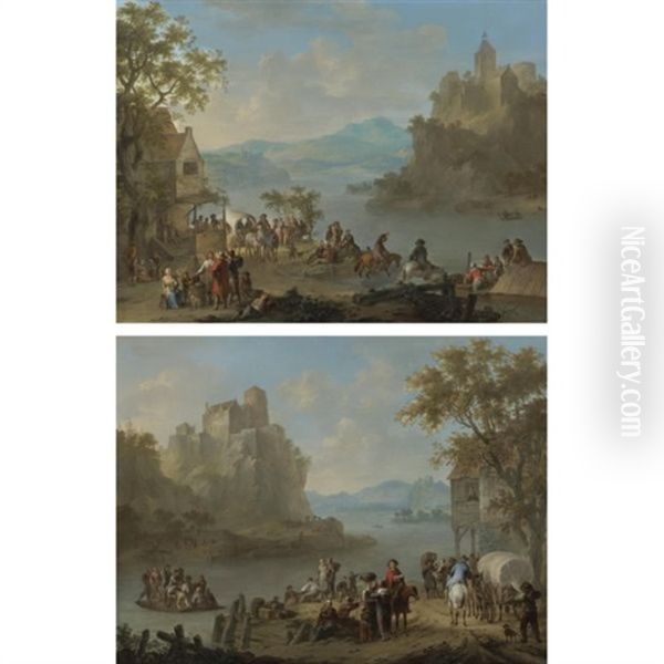 A Mountainous River Landscape With Numerous Figures On The Riverbank, Men Drinking In A Quayside Tavern Beyond (+ A Mountainous River Landscape With A Ferry Crowded With Figures Beneath A Castle; 2 Works) - view 1
