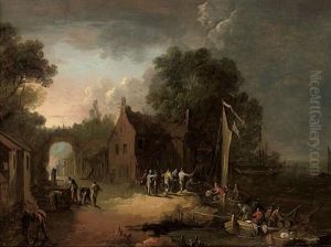 A Coastal Inlet With Stevedores Unloading Boats
