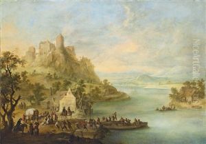 An Extensive River Landscape With Figures At A Ferry by Franz de Paula Ferg