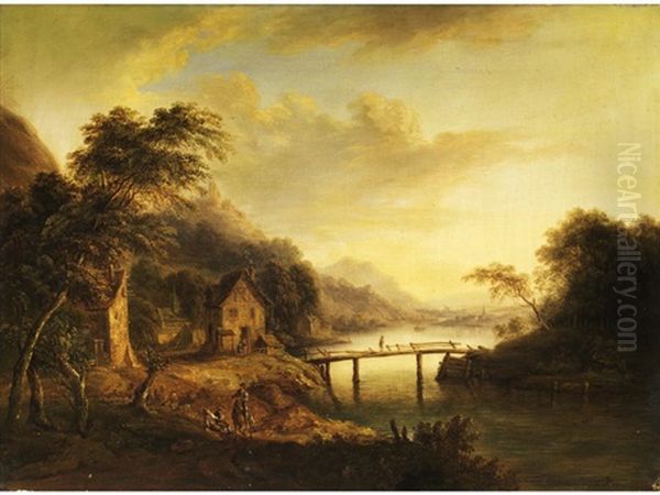 Landschaft Mit Flusslauf, Hausern Und Einer Holzbrucke - view 1