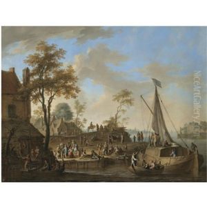 A River Landscape With Workers Loading Cargo Onto A Moored Boat A River Landscape With Workers Loading Cargo Onto A Moored Boat