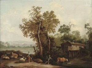 A Wooded River Landscape With A Shepherd And Shepherdess With Their Flock And Cattle