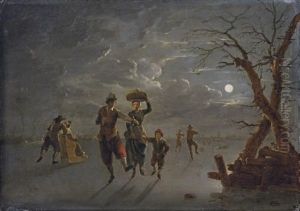 A Moonlit Winter Landscape With Skaters On A Frozen River A Moonlit Winter Landscape With Skaters On A Frozen River