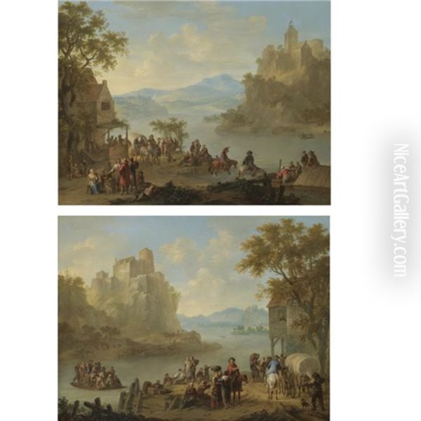 A Mountainous River Landscape With Numerous Figures On The Riverbank, Men Drinking In A Quayside Tavern Beyond (+ A Mountainous River Landscape With A Ferry Crowded With Figures Beneath A Castle; Pair - view 1