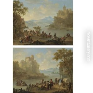 A Mountainous River Landscape With Numerous Figures On The Riverbank, Men Drinking In A Quayside Tavern Beyond (+ A Mountainous River Landscape With A Ferry Crowded With Figures Beneath A Castle; Pair by Franz de Paula Ferg