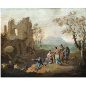 An Italianate Landscape With Travellers Resting Near Ruins And A Shepherd Tending His Flock Near A Stream by Franz de Paula Ferg