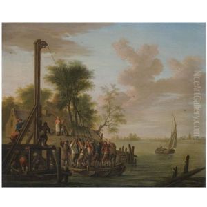 A Quayside With Figures Working A Well by Franz de Paula Ferg