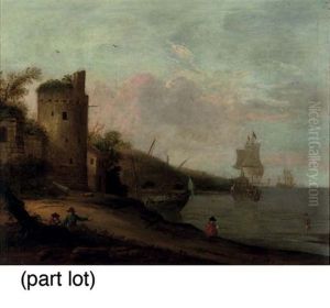 A Coastal Landscape With Figures Conversing By A Tower (+ A Coastal Landscape With Figures Conversing Near Ancient Ruins; Pair) by Franz de Paula Ferg