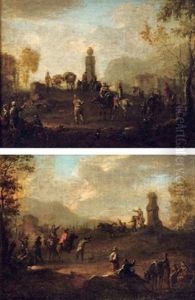 Peasants On Donkeys And On Foot Conversing Near A Monument (+ Gentlemen On Horses And On Foot, Conversing Near A Monument; Pair) by Franz de Paula Ferg