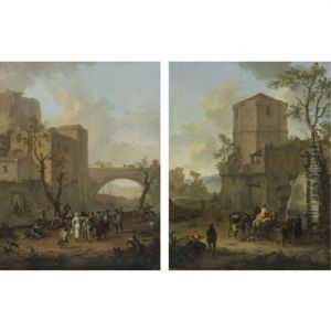 A Village Dance (+ Peasants Leading Their Horses To Water At A Fountain; Pair) by Franz de Paula Ferg