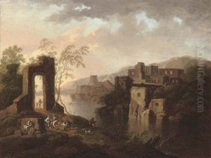 A River Landscape With Travellers On A Track By Ruins by Franz de Paula Ferg