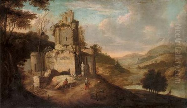 An Italianate Landscape With Figures By Ruins - view 1