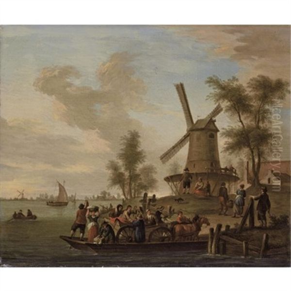 A River Landscape With A Ferry And A Windmill - view 1