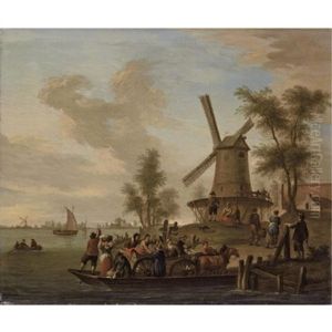 A River Landscape With A Ferry And A Windmill by Franz de Paula Ferg