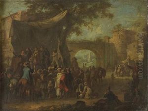 Numerous Figures Gathered At A Commedia Dell'arte With Ruined Buildings Beyond by Franz de Paula Ferg