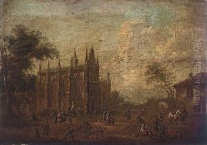 A Town Square With Villagers Before A Church, A River Beyond (+ A Village Kermesse Before A Church; Pair)