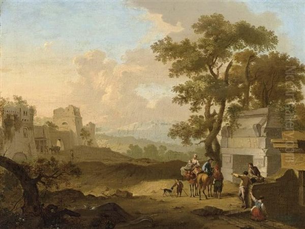 A Italianate Landscape With Travellers Conversing Before A Classical Tomb - view 1
