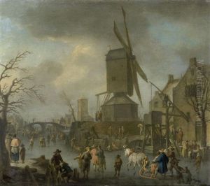Winter Landscape With Skaters On A Frozen River by Franz de Paula Ferg