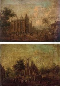 A Town Square With Villagers Before A Church, A River Beyond (+ A Village Kermesse Before A Church; Pair)