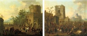 An Italianate Town With Figures Gathered Around A Commedia Dell'arte Play, A Castle On A Hill Beyond (+ An Italianate Town With Figures Dancing The Saltarello And Making Music; Pair) by Franz de Paula Ferg