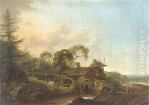 A Wooded River Landscape With A Watermill, Figures Conversing On A Path Nearby - view 1