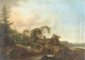 A Wooded River Landscape With A Watermill, Figures Conversing On A Path Nearby by Franz de Paula Ferg