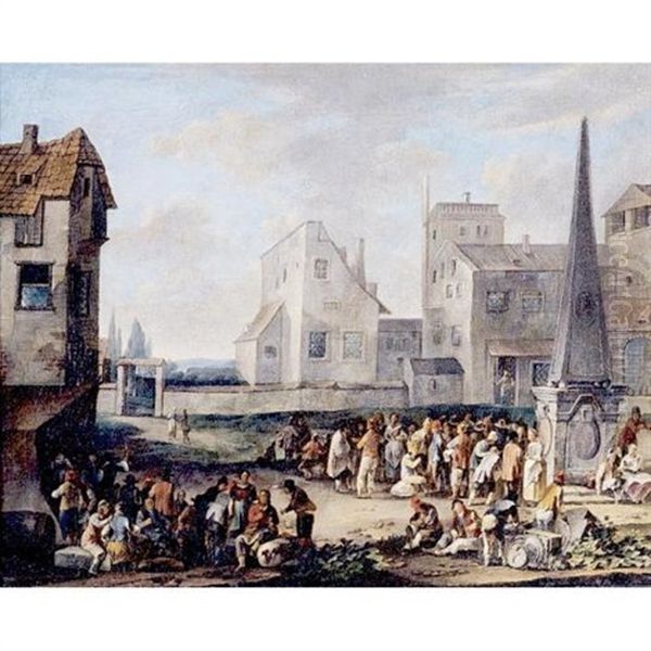 A Town Scene With Figures In A Square, Gathered Around An Obelisk - view 1