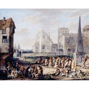 A Town Scene With Figures In A Square, Gathered Around An Obelisk by Franz de Paula Ferg
