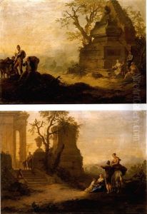 A Classical Landscape With Travellers Resting Before A Ruined Tomb
