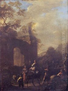 Bergers Et Leur Troupeau Pres De Ruines Romaines by Franz de Paula Ferg