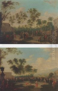Personnages Elegants Se Promenant Dans Le Parc D'une Villa Italienne