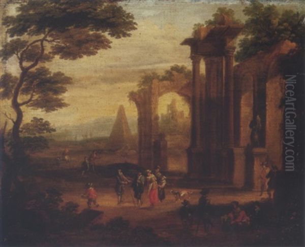An Italianate Landscape With Figures Strolling And Resting By A Ruin - view 1