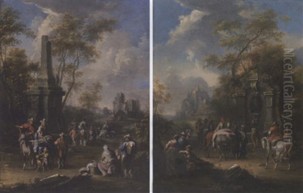A Landscape With Travellers Conversing Near A Classical Fountain, A Ruined Castle Beyond - view 1