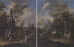 A Landscape With Travellers Conversing Near A Classical Fountain, A Ruined Castle Beyond by Franz de Paula Ferg