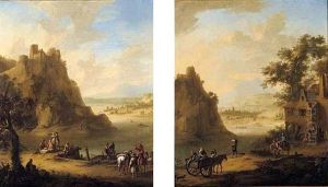 Rhenish Landscape With Figures At A Quay Beneath A Hilltop Castle by Franz de Paula Ferg