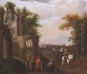 Reisende Vor Der Ruine Einer Gotischen Kirche. Im Hintergrund Die Silhouette Einer Stadt