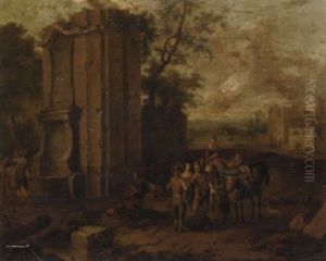 Mounted Travellers Amidst Classical Ruins And A Fountain by Franz de Paula Ferg