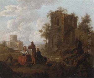 A Landscape With Figures Conversing Before Ruins by Franz de Paula Ferg