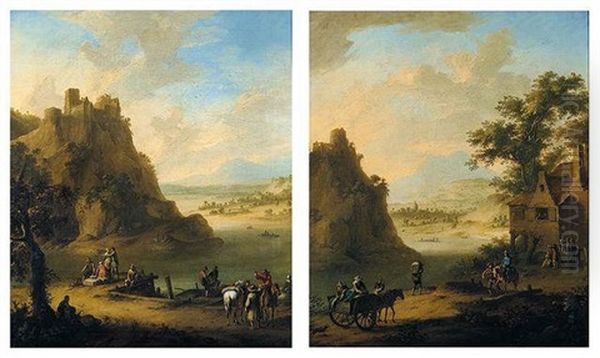 Rhenish Landscape With Figures At A Quay Beneath A Hilltop Castle - view 1