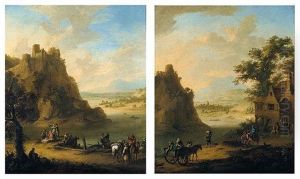 Rhenish Landscape With Figures At A Quay Beneath A Hilltop Castle by Franz de Paula Ferg