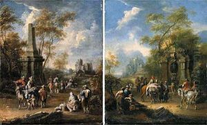 A Landscape With Travellers Conversing Near A Classical Fountain, A Ruined Casle Beyond