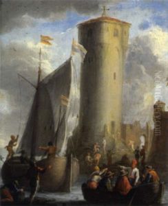 Boote Mit Figuren In Einem Hafen by Franz de Paula Ferg