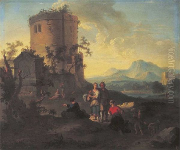 Peasants Resting In A Mountainous Landscape, A Ruined Tower Beyond - view 1
