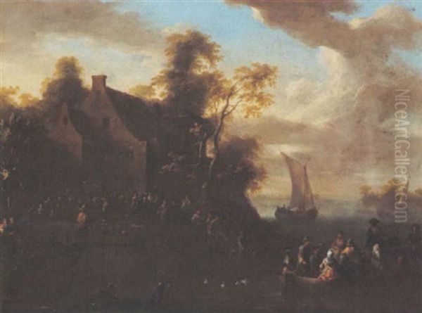 A River Scene With Peasants Returning In A Ferry From A Village Kermesse - view 1
