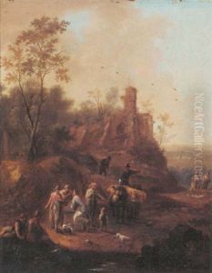 A Hilly Landscape With A Horse Drawn Wagon And Travellers Conversing On A Path Near A Ruin