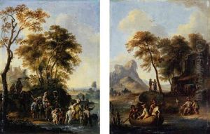 An Italianate Wooded Landscape With Travellers Crossing A River